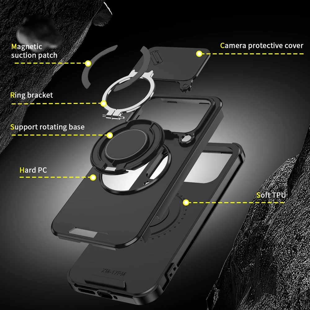 Shockproof Armor Phone Case with Magnetic Ring Stand and Slide Camera Cover