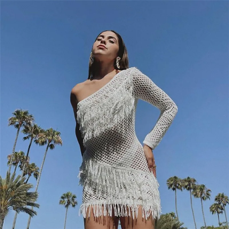 Sexy hollow perspective tassel pareo crochet top,Beach cover up,Summer one shoulder diagonal collar single sleeve mini dress bathing suit wrap cover up