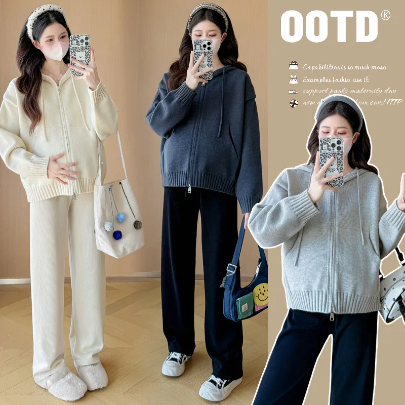 Pregnant Woman Korean Skinny Striped Sweater Cardigan Autumn Winter Casual Hoodie Jacket Maternity Outwear Stylish Coat