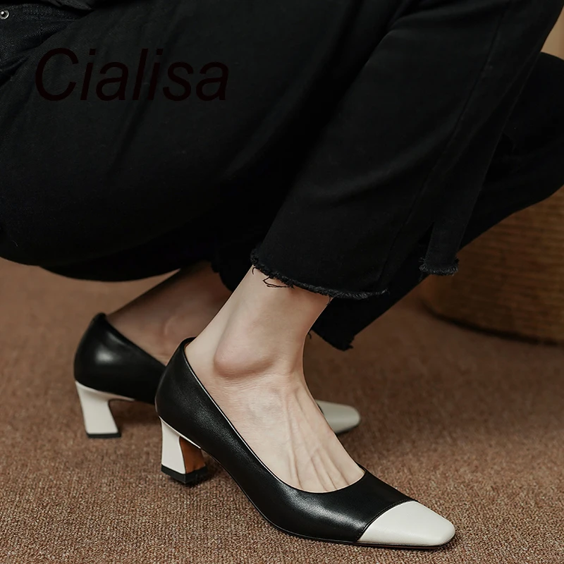 

Cialisa Pumps Women Shoes 2023 Autumn Vintage Genuine Leather Square Toe Mixed Colors Handmade Slip-On High Heels Lady Footwear