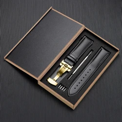 Luxury Genuine Leather Watchband - Men's and Women's Business Wristwatch Strap with Gift Box - 22mm (Black - Gold)