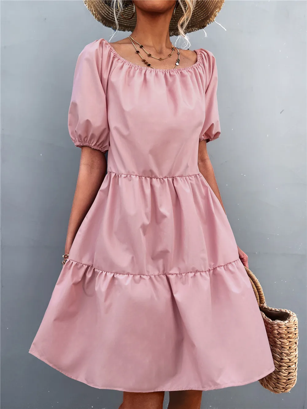 

Spring and summer new pure color temperament square collar bubble sleeve dress skirt Summer elegant A-line maxi dress