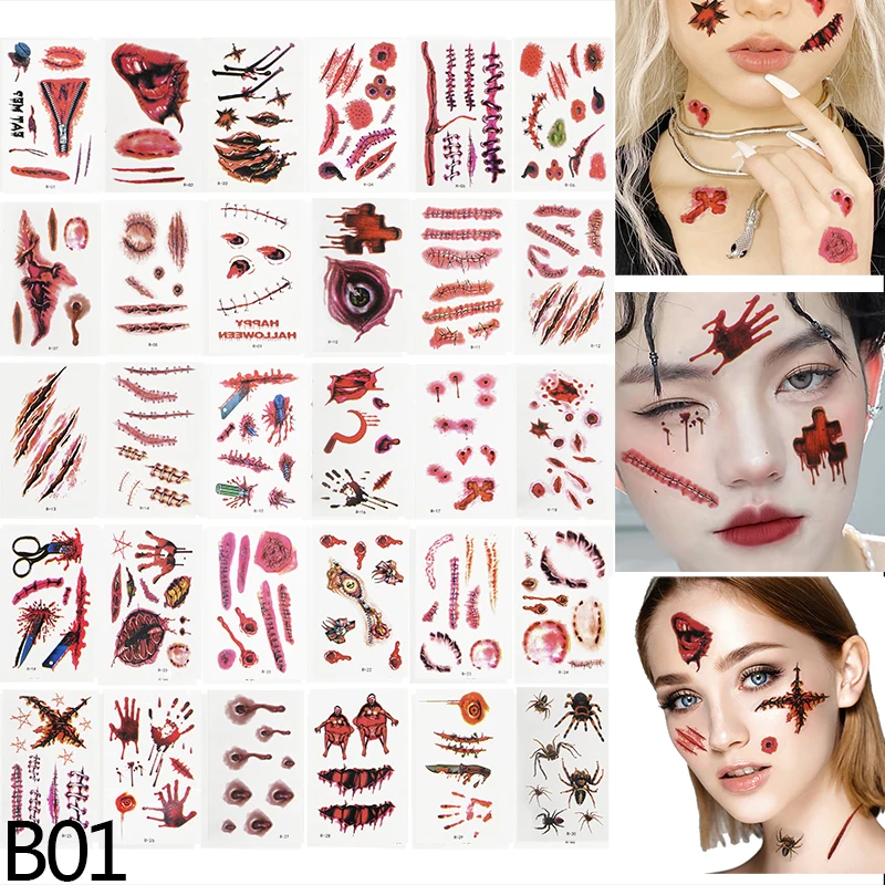 Halloween Tatuaggi Temporanei Cicatrici - 50 Fogli Adesivi Per Bambini E Adulti - Ferite Finte Per Costumi Cosplay