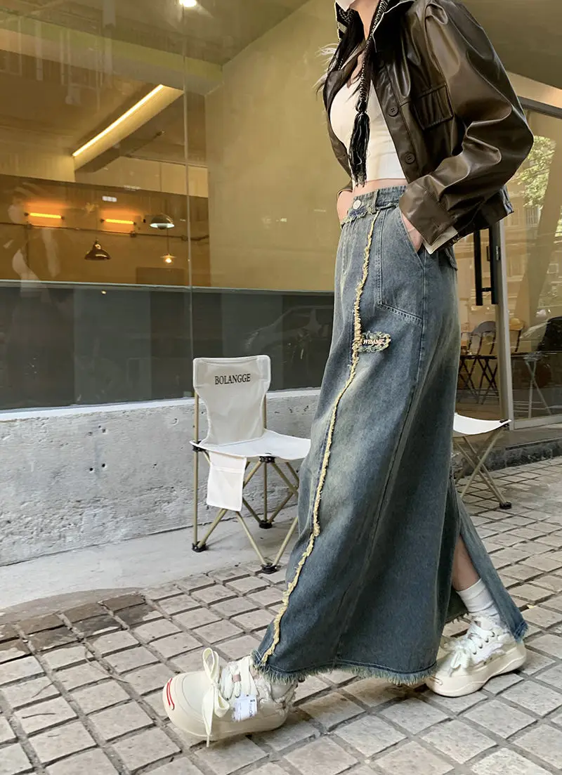 Tornozelo-comprimento A-line saia jeans feminino, design chique