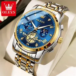 OLEVS Men's Luxury Quartz Wristwatch - Moon Phase Chronograph, Waterproof & Luminous (Gold Blue)