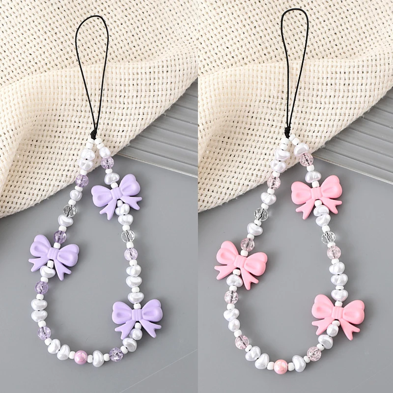 Einfache niedliche kawaii Bowknot Perlen Telefon kette Mode zarten Schlüssel bund für Frauen Mädchen süße Tasche Dekoration Zubehör Geschenke – Detail 6