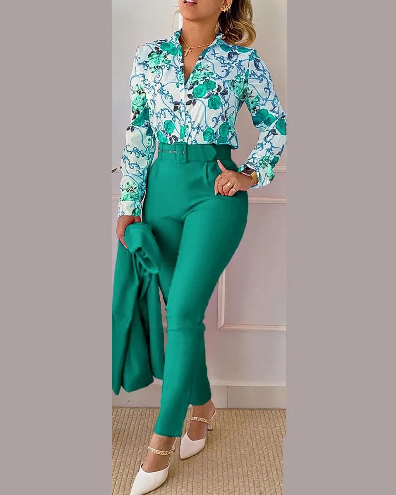 Shirt Pants Set Women Elegant Fashion V Neck Floral Print Long Sleeve High Waist Two Piece Set Office Lady Casual Trousers Suits