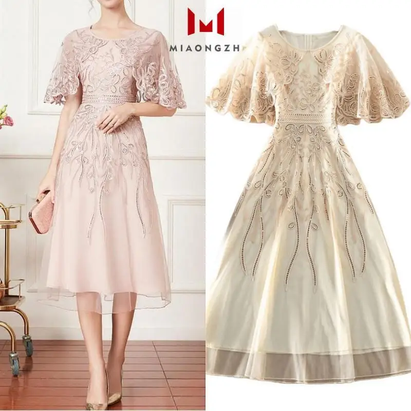 

2023 Summer High-End Women Dress Short Sleeve Sequin Red Fashion Women's Elegant Party Evening Dresses Luxury Female Clothing