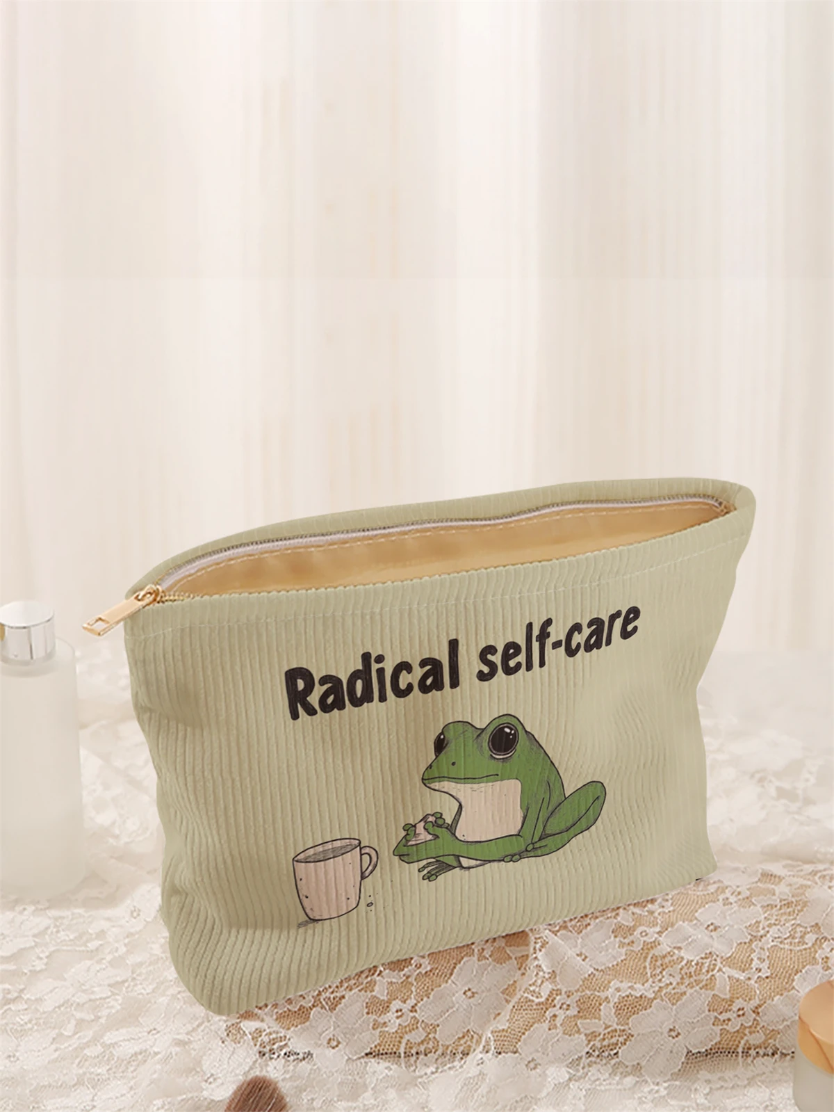 1pc frog pattern printed corduroy makeup bag, lightweight zipper makeup storage box, multifunctional bag with lining