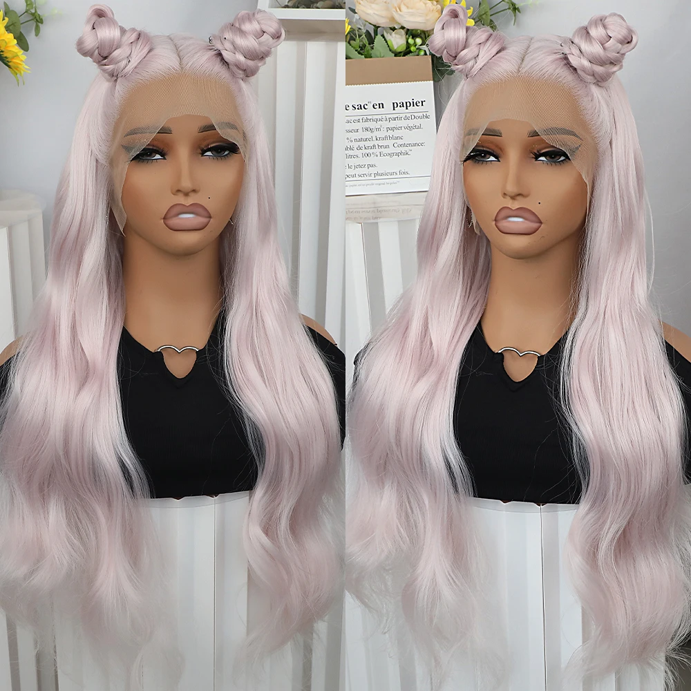 Apolaurel Light Pink Body Wave Synthetic Lace Front Wigs Long Hair Wigs for Women Pink Loose Curly Wig Free Part Natural Hair