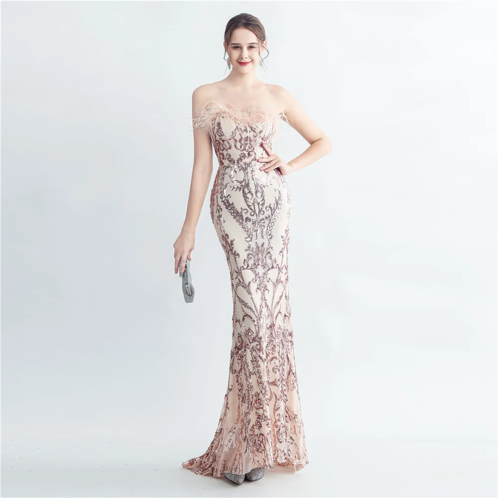 

Charming Gold Mermaid Formal Evening Dress Sweetheart Backless Stunning Sequins Special Occasion Gowns With Feathers