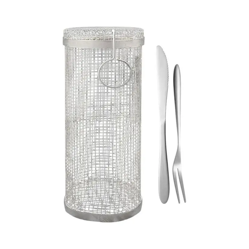 

Greatest Grilling Basket Stainless Steel Rolling Grilling BBQ Rack LeakProof Mesh Cylindrical Barbecue Grill For Outdoor Camping