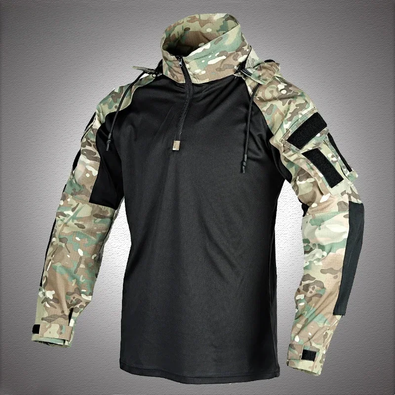 Men Long Sleeve Tactical Sport T Shirt Training Camo Frog Suit Hunting Detachable Hooded Quick-dry CS Hiking Spring Fall