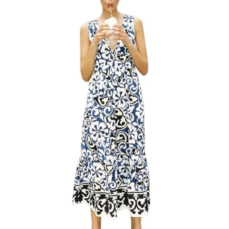 

ASDS Women's new double breasted printed long skirt with backless design, sexy and fashionable suspender dress