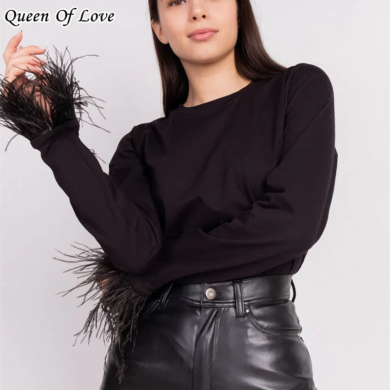 2022 New Fashion Long Feather Sleeve Shirt Women Casual Streetwear O