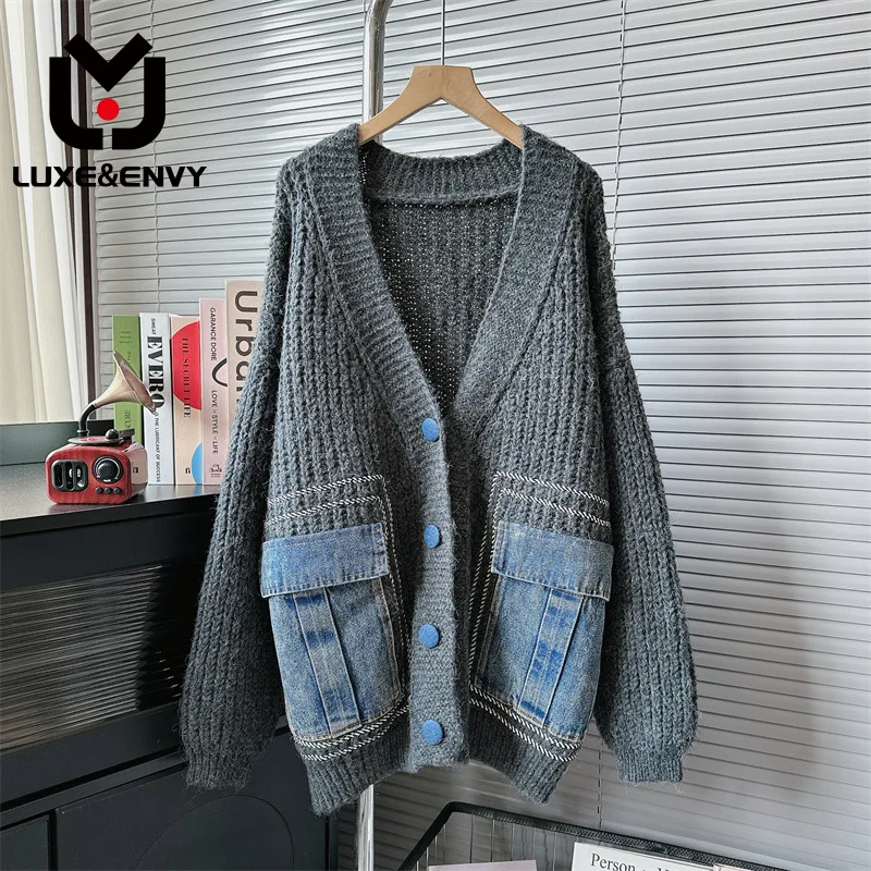 

LUXE&ENVY Korean Style Denim Patchwork Sweater Jacket New Loose And Lazy Style Casual Foreign Style 2023 Autumn