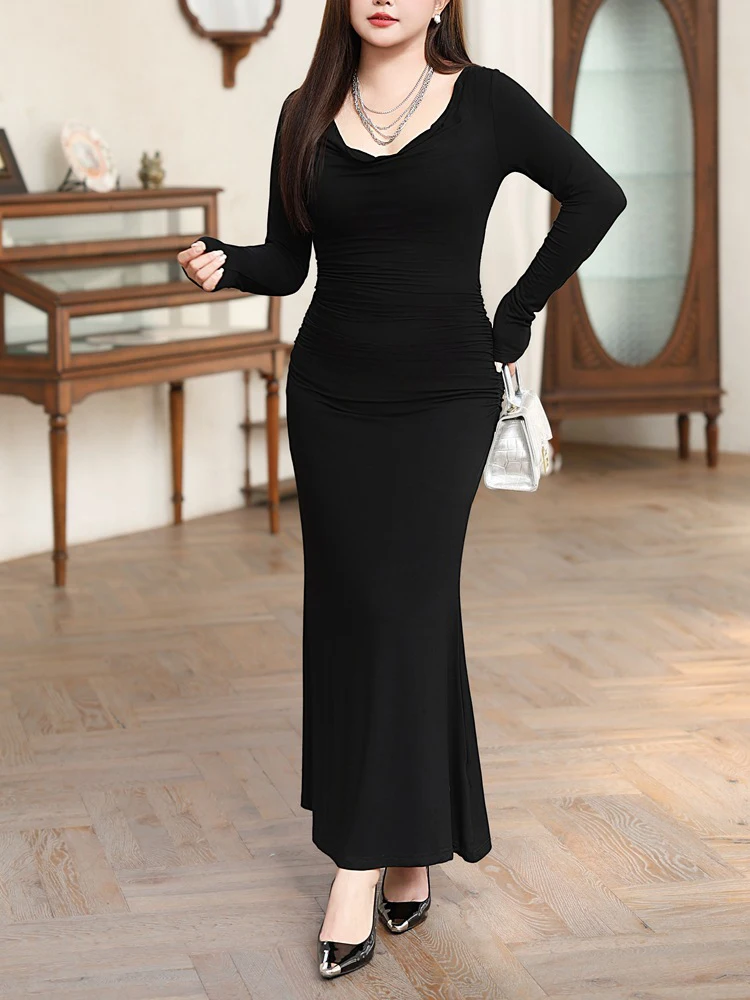 Swingneck Velour Fold Fishtail Dress Plus Size French Reversible Wear Autumn 2025 Fashion Premium Women Mermaid Dress