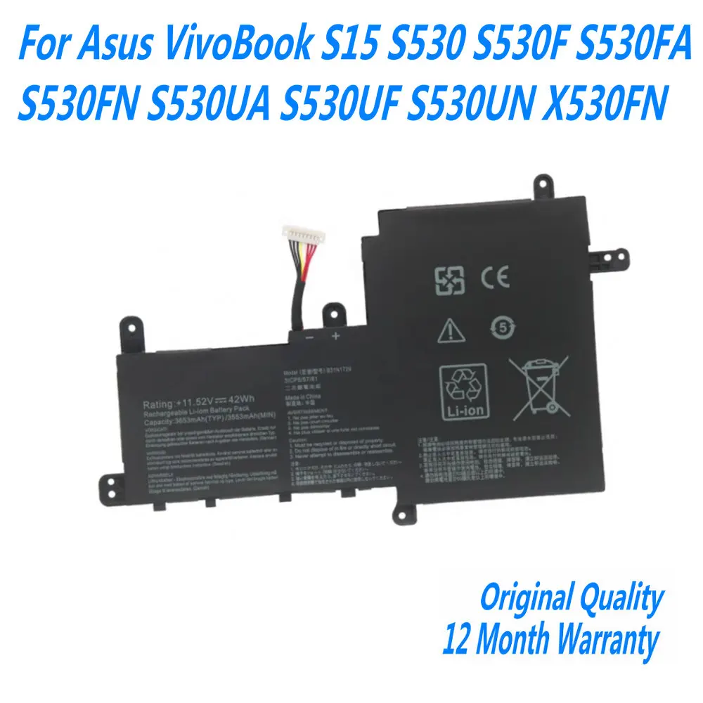 

New 11.52V 42Wh B31N1729 Laptop Battery For Asus VivoBook S15 S530 S530F S530FA S530FN S530UA S530UF S530UN X530FN