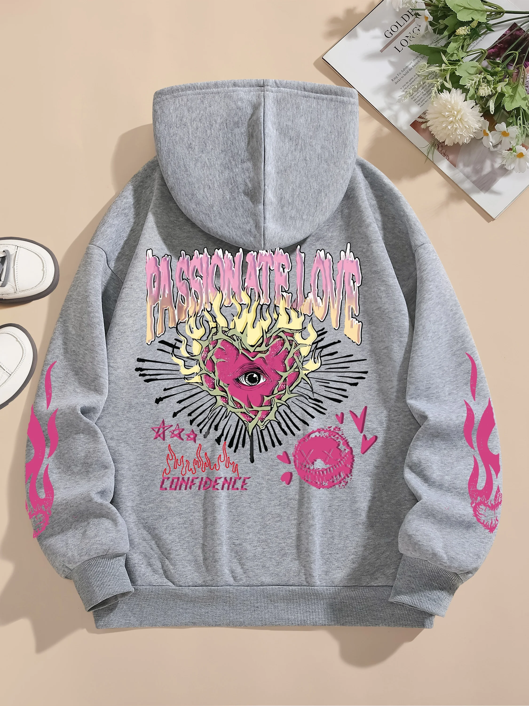 Sudaderas con capucha estampadas con corazón de Llama de Amor para mujer, Jersey suelto de cuello redondo, Tops cálidos de lana para mujer, ropa de calle - Imagen 4