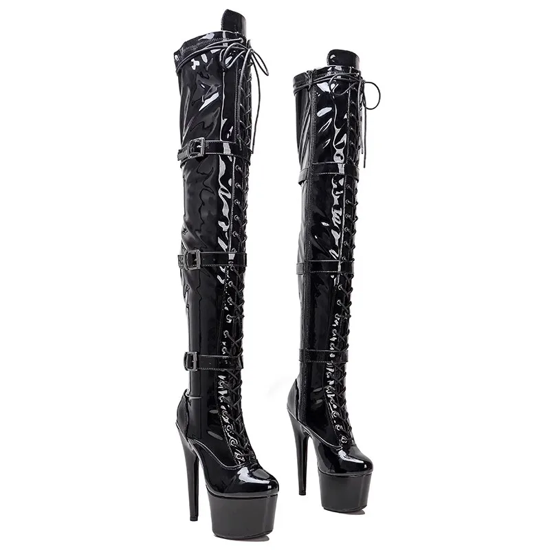 

Fashion Women 17CM/7inches PU Upper Plating Platform Sexy High Heels Thigh High Boots Pole Dance Shoes 117