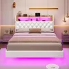 Full Bed Frame with LED Lights & Storage Headboard, Floating Platform Bed with Charging Station, Modern LED Floating Bed 2