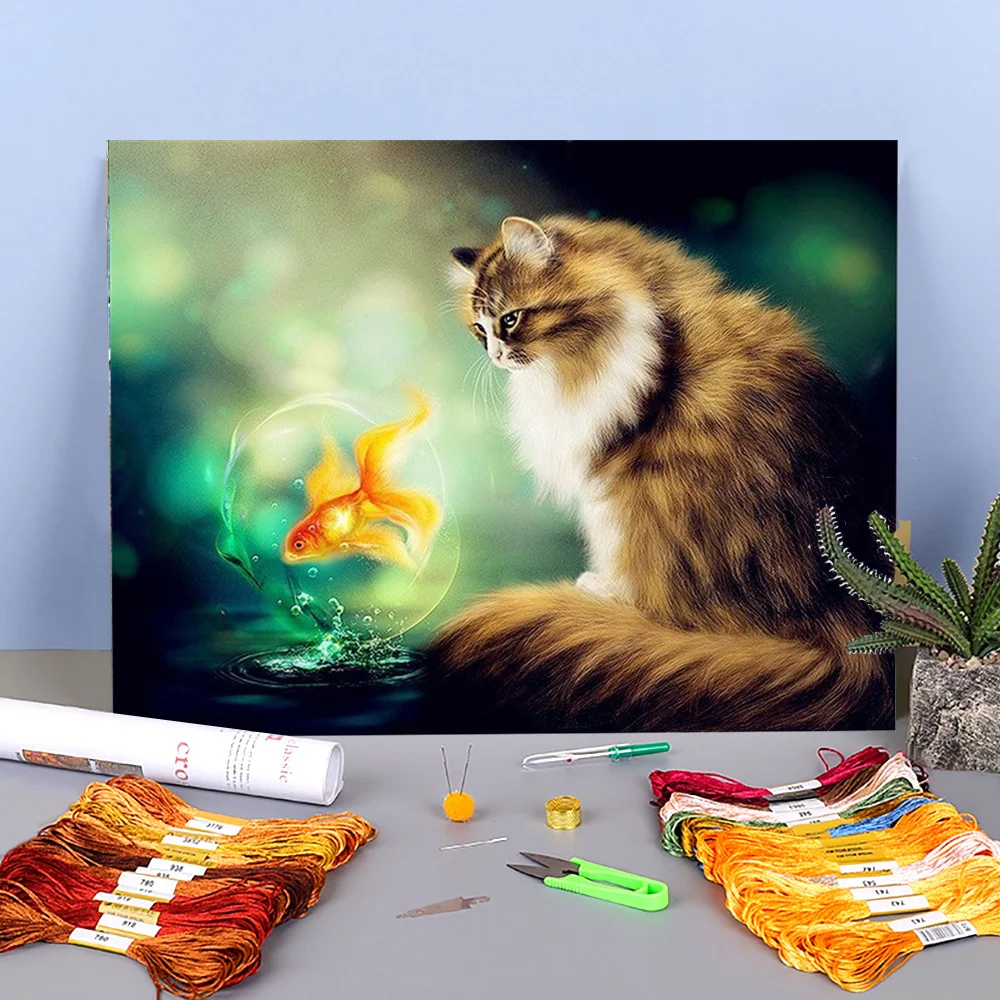 Animal Cat Printed Canvas 11ct Cross Stitch Set Embroidery Dmc Threads