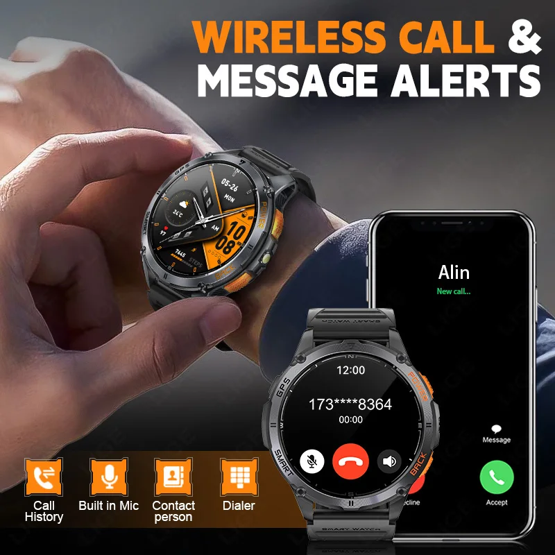 LIGE GPS Smart Watch Men 1.43'' AMOLED Screen LED Flashlight Outdoor Compass Sports Health Monitoring Bluetooth Call Smartwatch