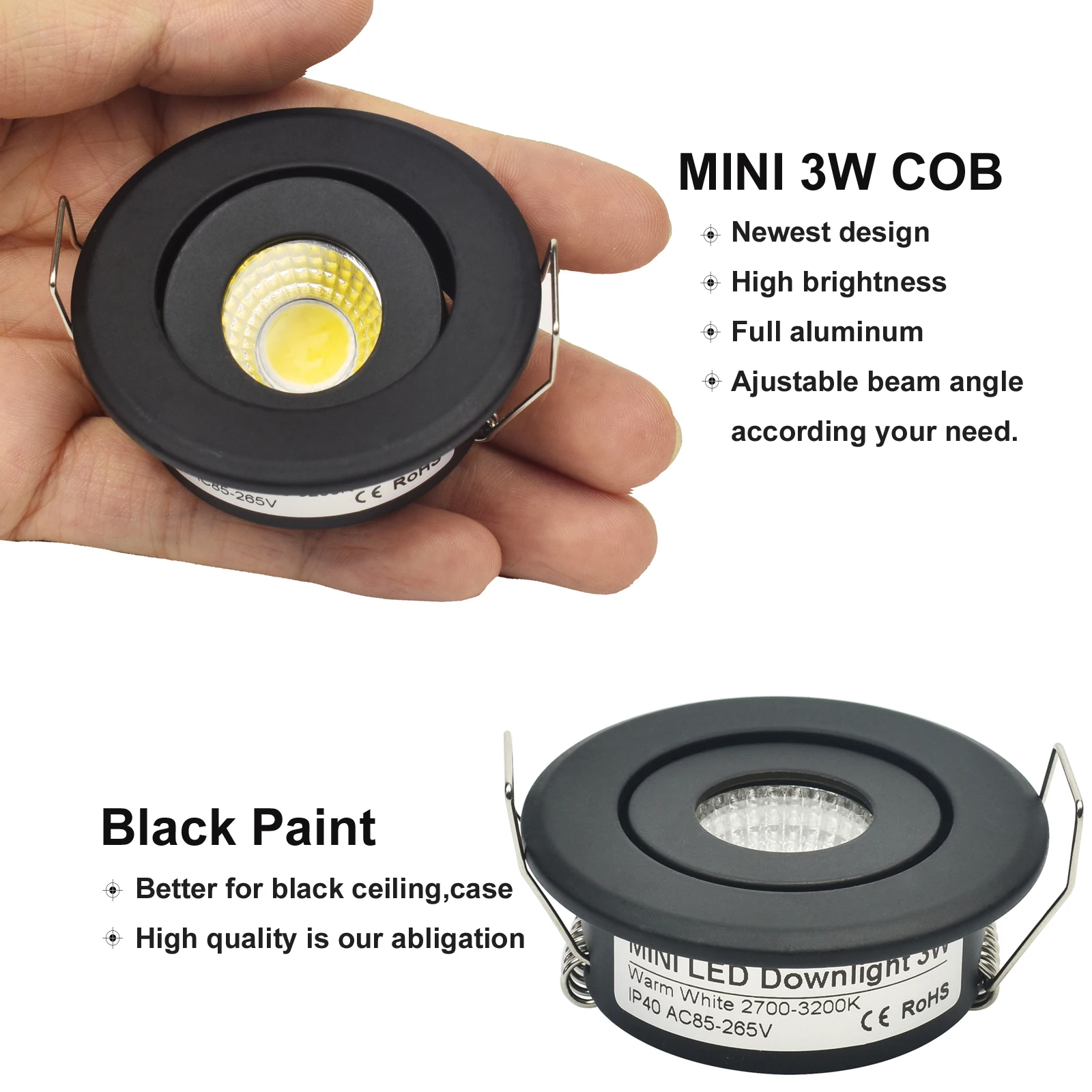 미니 1W COB 3W 블랙 마감 LED 다운라이트 오목한 스팟 천장 조명 컷 40-45mm, 전체 알루미늄, 10 개