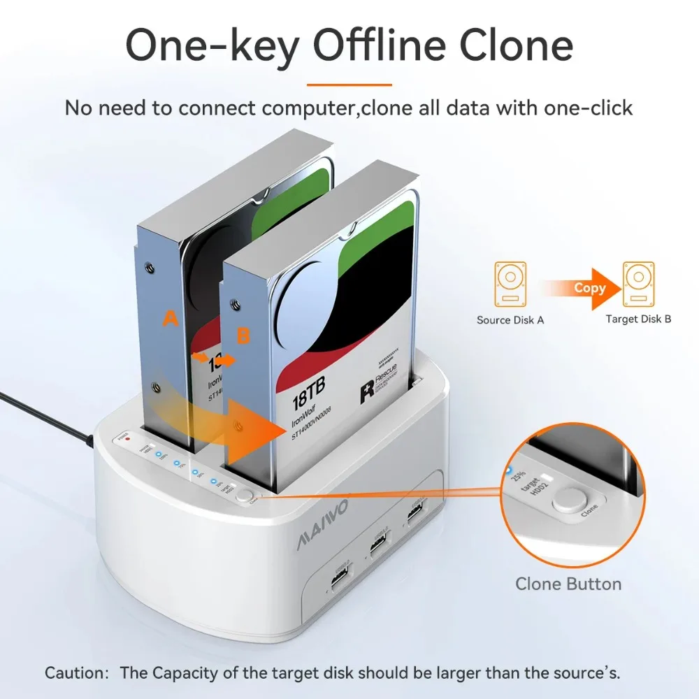 MAIWO 듀얼 베이 HDD 도킹 스테이션, 2.5 3.5 SSD 디스크 케이스용 SATA-USB3.0 어댑터, HDD 박스 도크 하드 드라이브 인클로저, 클론 포함