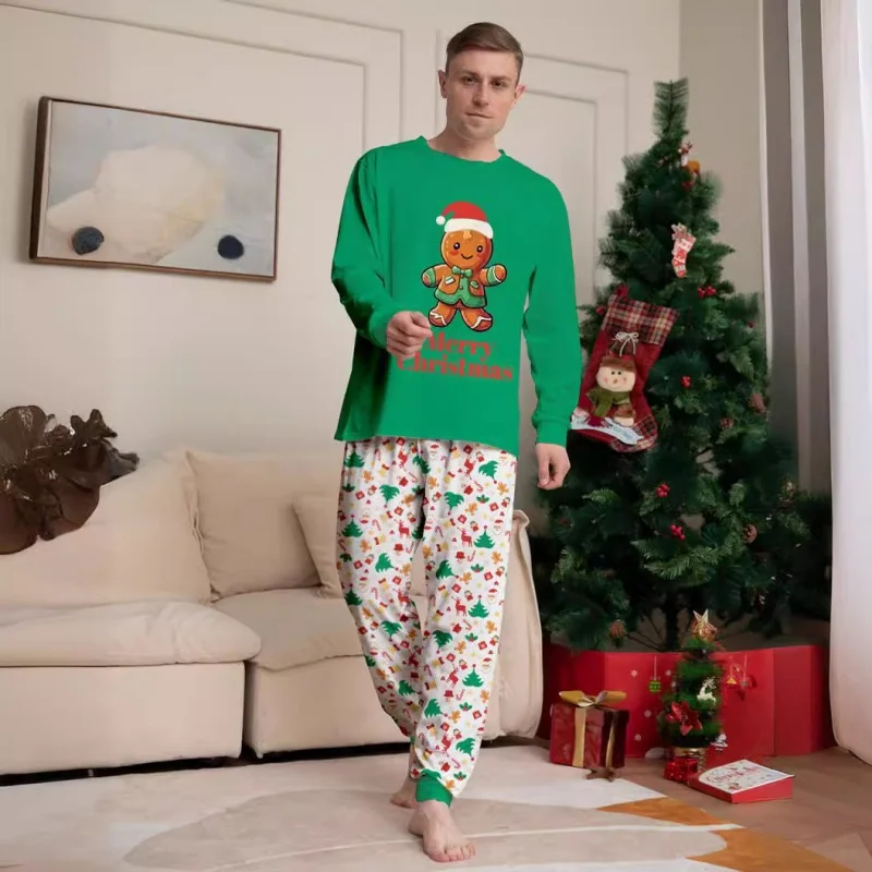 Cute Gingerbread Man Print Christmas Family Pajamas Set Father Mother Kids Girl Baby Top+pants Matching Outfits Xmas Sleepwear 3