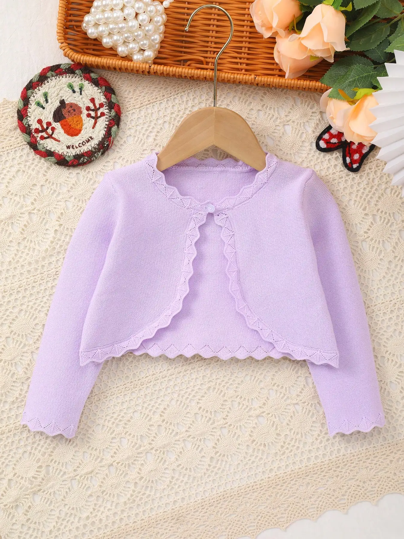 Baby Girl's Spring Elegant and Sweet Solid Color Knitted Shawl with Lace Design Adds a More Gentle Touch