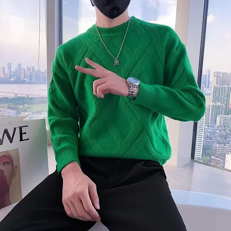 Streetwear Green Turtleneck Men's White Knitted Sweaters For - Main Image