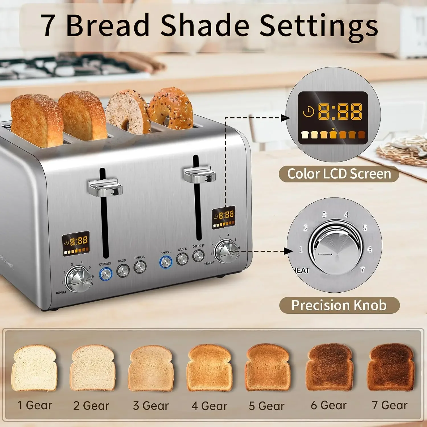4 Slice Toaster Stainless Bread Toaster Color LCD Display 7 Bread Shade Settings 1.5'' Wide Slots Toaster with Bagel/Defrost 3