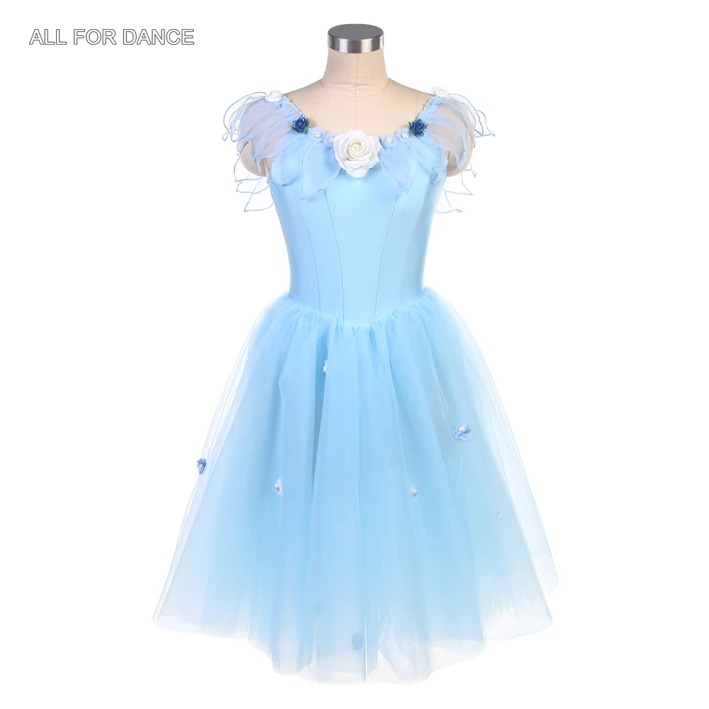 

24025 Off Shoulder Sky Blue Spandex Bodice Romantic Length Tutu Skirt Women Girls Stage Performance Ballet Dance Costumes