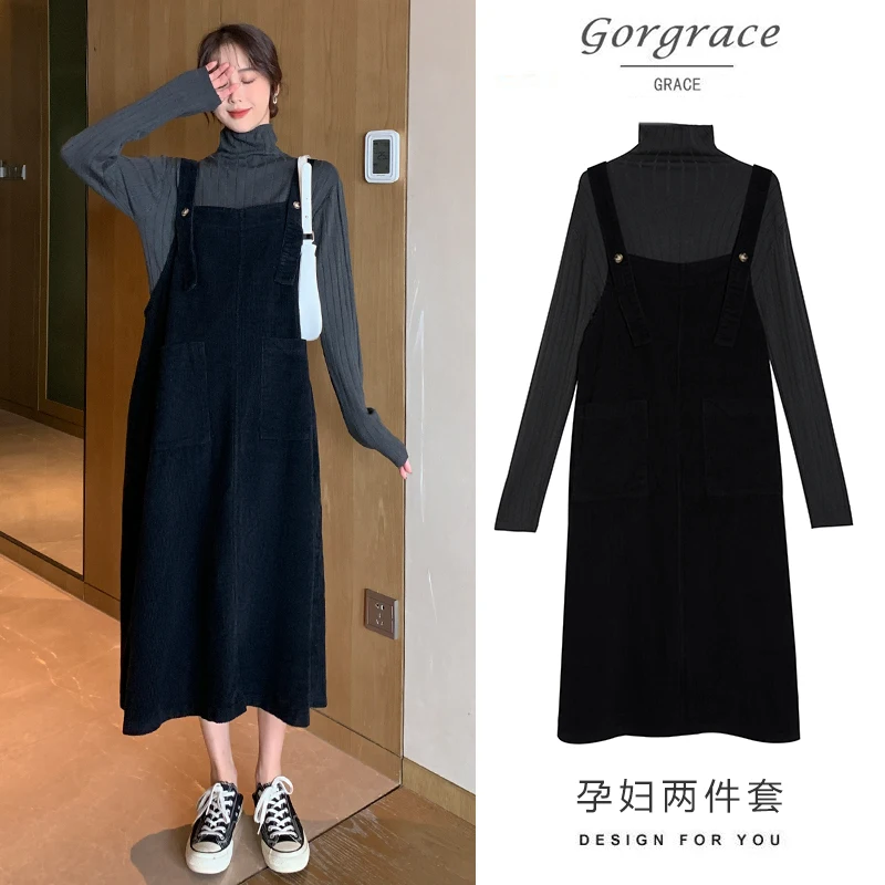 

Pregnant Women Winter Fall Sweater with Cotton Corduroy Strap Dress Loose Design Turtle Neck Long Sleeves Sweater