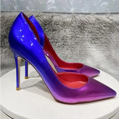 Sexy Women Blue Purple Gradient Color Pointed Toe Shallow Hollow Pumps  Female Patent Leather Slip On 120 Mm Stiletto Heels Shoes - Pumps -  AliExpress