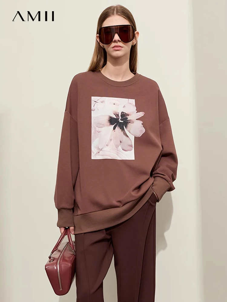 

AMII Minimalism 2024 Spring New Hoodies Women Crew Neck Drop Sleeves Flowers Printed Loose Mid-length Streetwear Tops 12421008