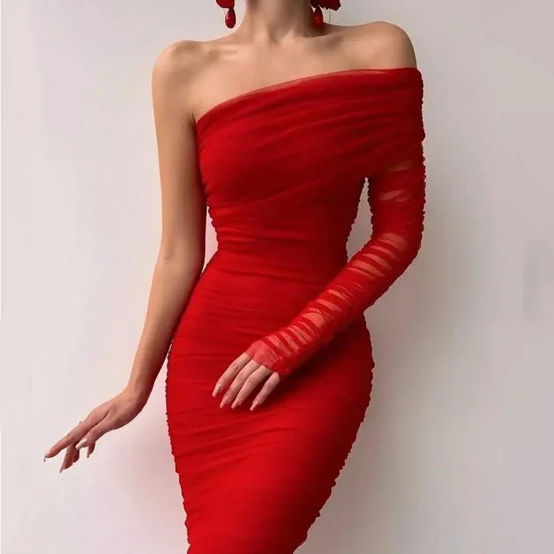 Women Clothing Spring Summer Sexy Socialite Diagonal Collar Dress off the Shoulder Hip Bag Slim Fit main image 1