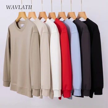 WAVLATII 여성용 심플 스타일 카키색 맨투맨, 여성 패션 스트리트웨어, 솔리드 O넥 후디, 캐주얼 화이트 상의, 가을, 2023 신상