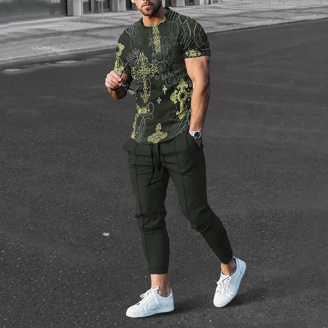 

2023 New Summer Men's Tracksuit 2 Piece Set Fashion 3D Print Short Sleeve T Shirt Long Pants Suit Casual Street Jogging Clothing