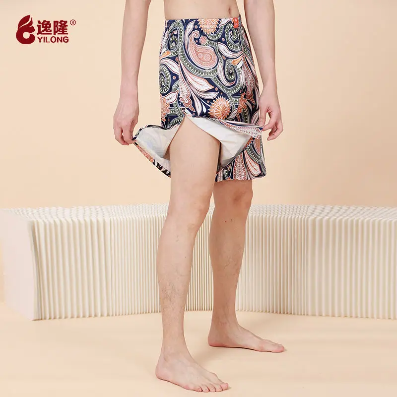 Summer High Split Men's Ice Silk Floral Print Satin Glossy Shorts Male Plus Size Casual Sleeping Shorts Bottoms
