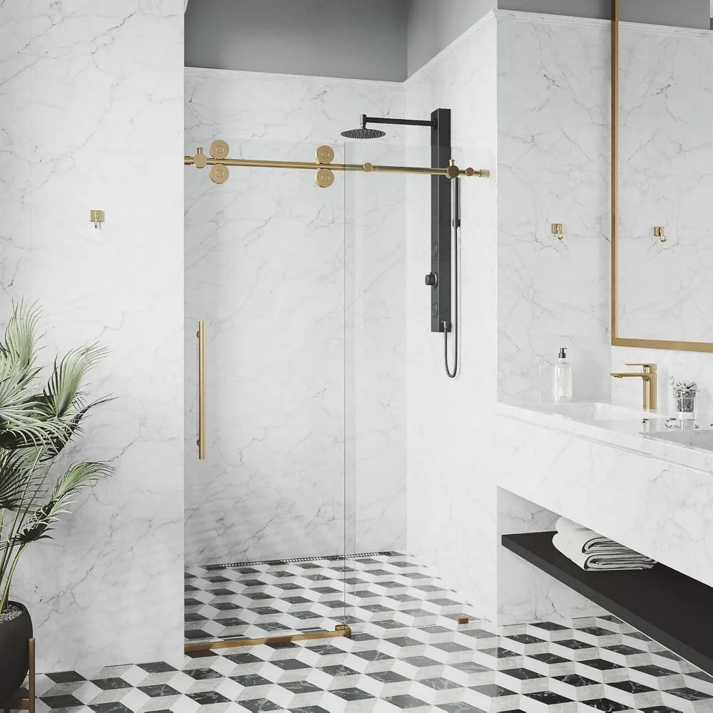 Adjustable Frameless Sliding Shower Door with Clear Tempered Glass, Matte Gold, 56-60 in. W x 74 in. H,  Shower Door 6
