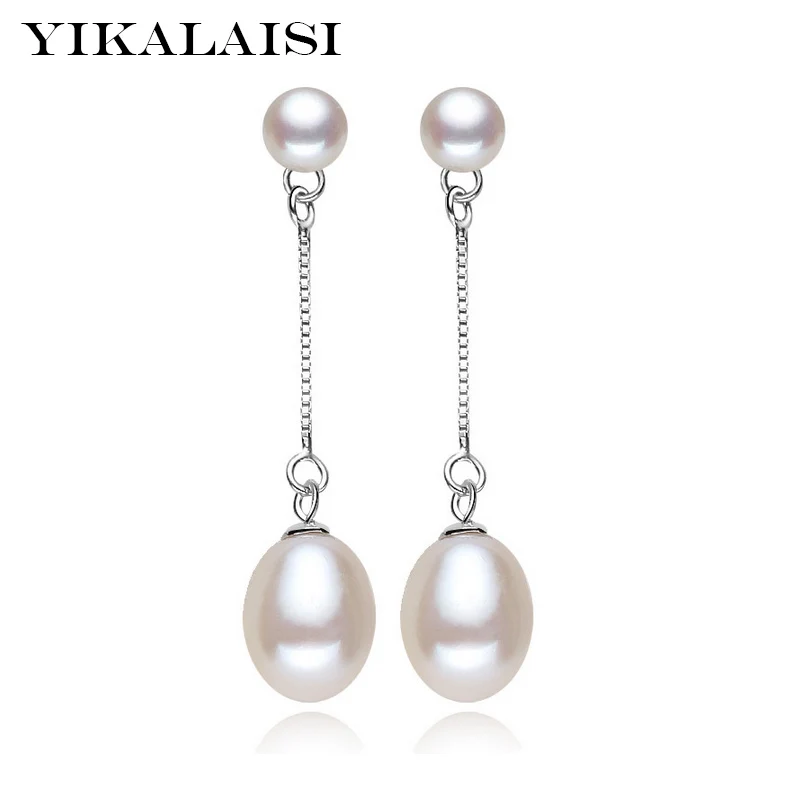 

YIKALAISI 925 Sterling Silver Jewelry Natural Double Pearl Earrings Jewelry 8-9mm Fashion Long Earrings White Pink Purple Black