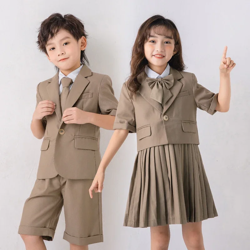 

Boys And Girls Formal Clothes Performance Clothing Set Children Coat Shirt Shorts Skirt Tie Outfit Kids School Uniform Suit Set