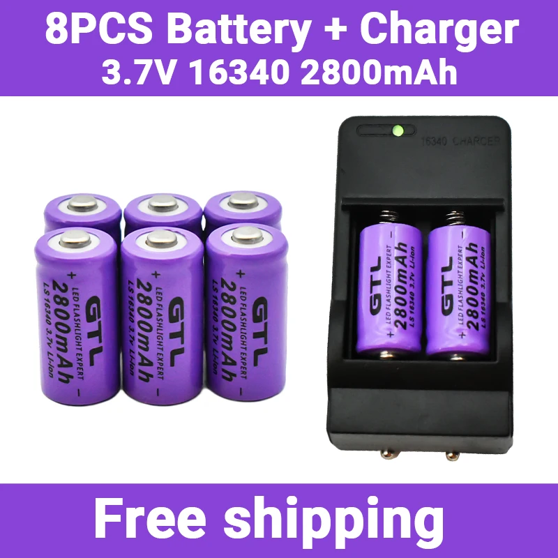 

2800mAh Rechargeable 3.7V Li-ion 16340 Batteries CR123A Battery for LED Flashlight Travel Wall Charger