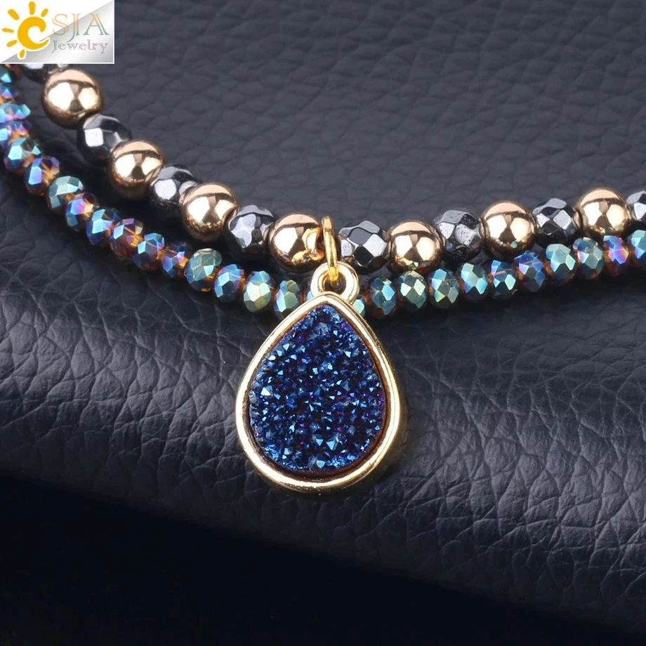 CSJA Natural Stone Hematite Bracelets Geode Druzy Crystal Bracelet Summer Statement 2 Strand Beads Women Jewelry