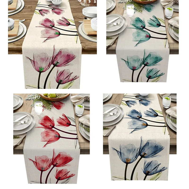 

33x183cm Tulip Flower Linen Table Runner Placemat Tablecloth Home Cloth Art Table Flag Living Room Counter Table Mat Party Decor