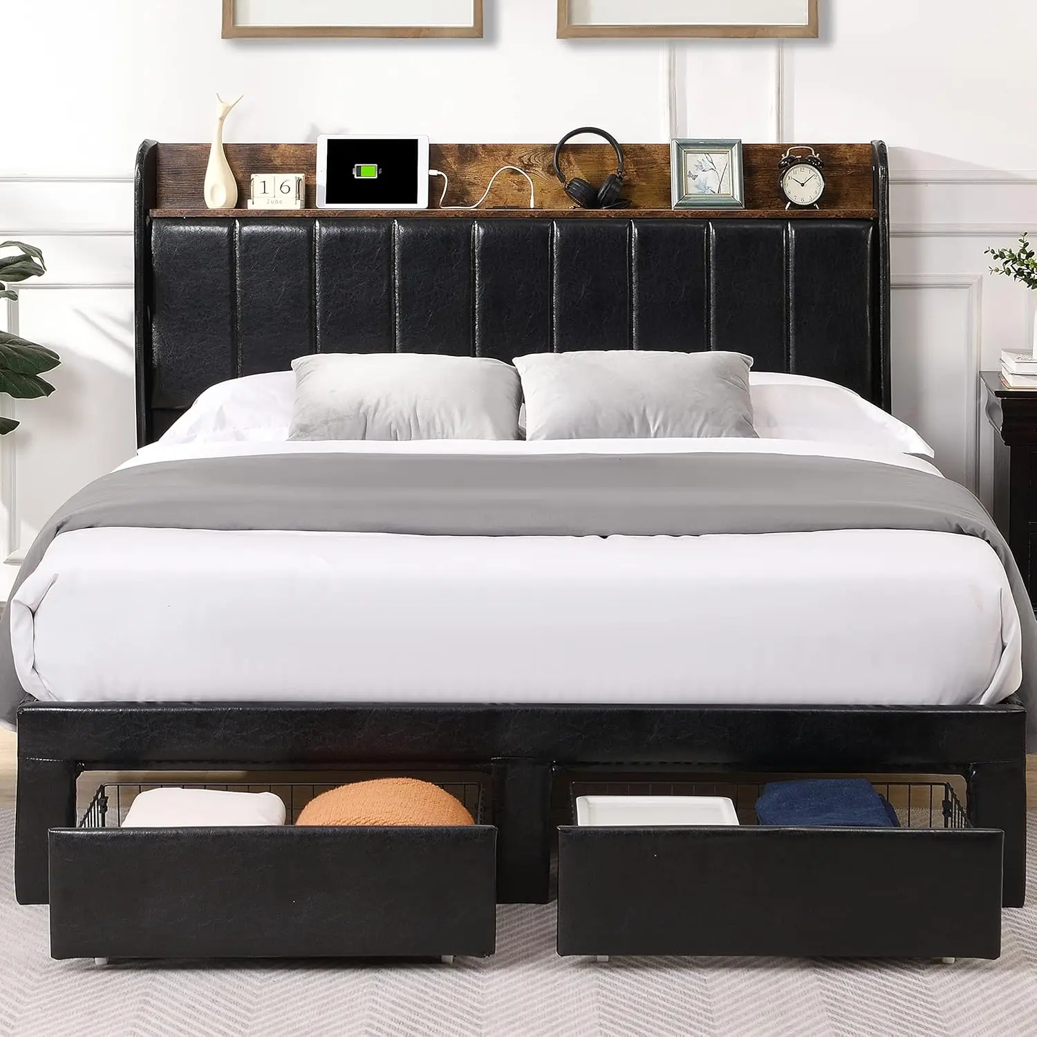 Bed Frame Queen Size with Headboard, Platform Queen Bed Frame with Storage Drawers & Charging Station, No Box Spring