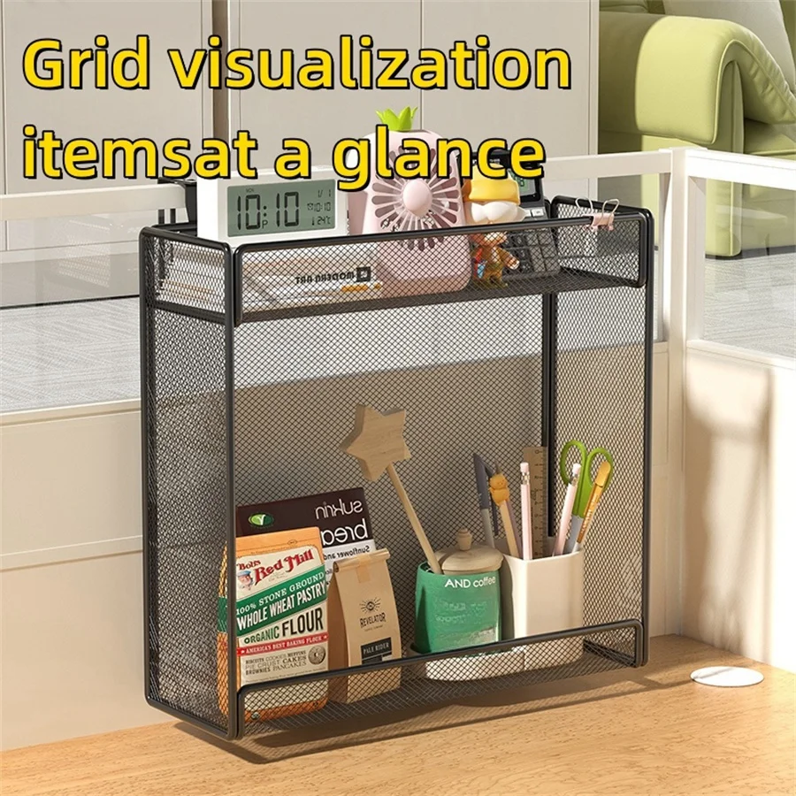 Metal hanging storage rack Organizer desktop hanging basket, suitable for school/office/any desktop, complimentary hook, black 5