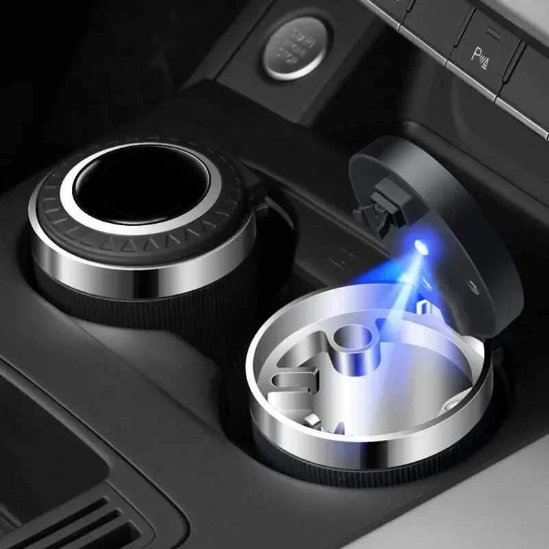 Car Ashtray With Lid Blue Led Smell Proof Portable Ashtray Cup For Auto Fireproof Shell One Touch Open Car Accessories
